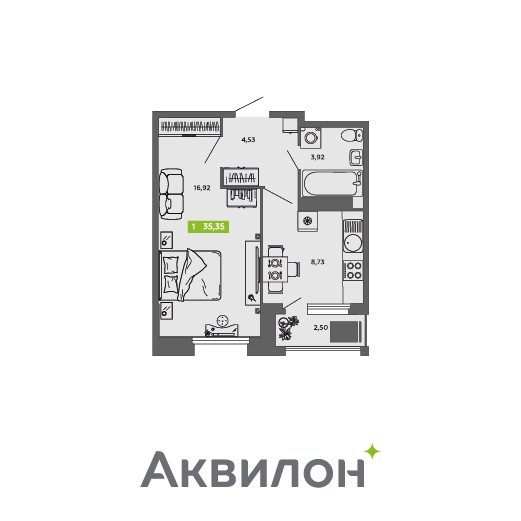 1-комнатная 35 м2 в ЖК Аквилон CITY Towers корпус null этаж 14