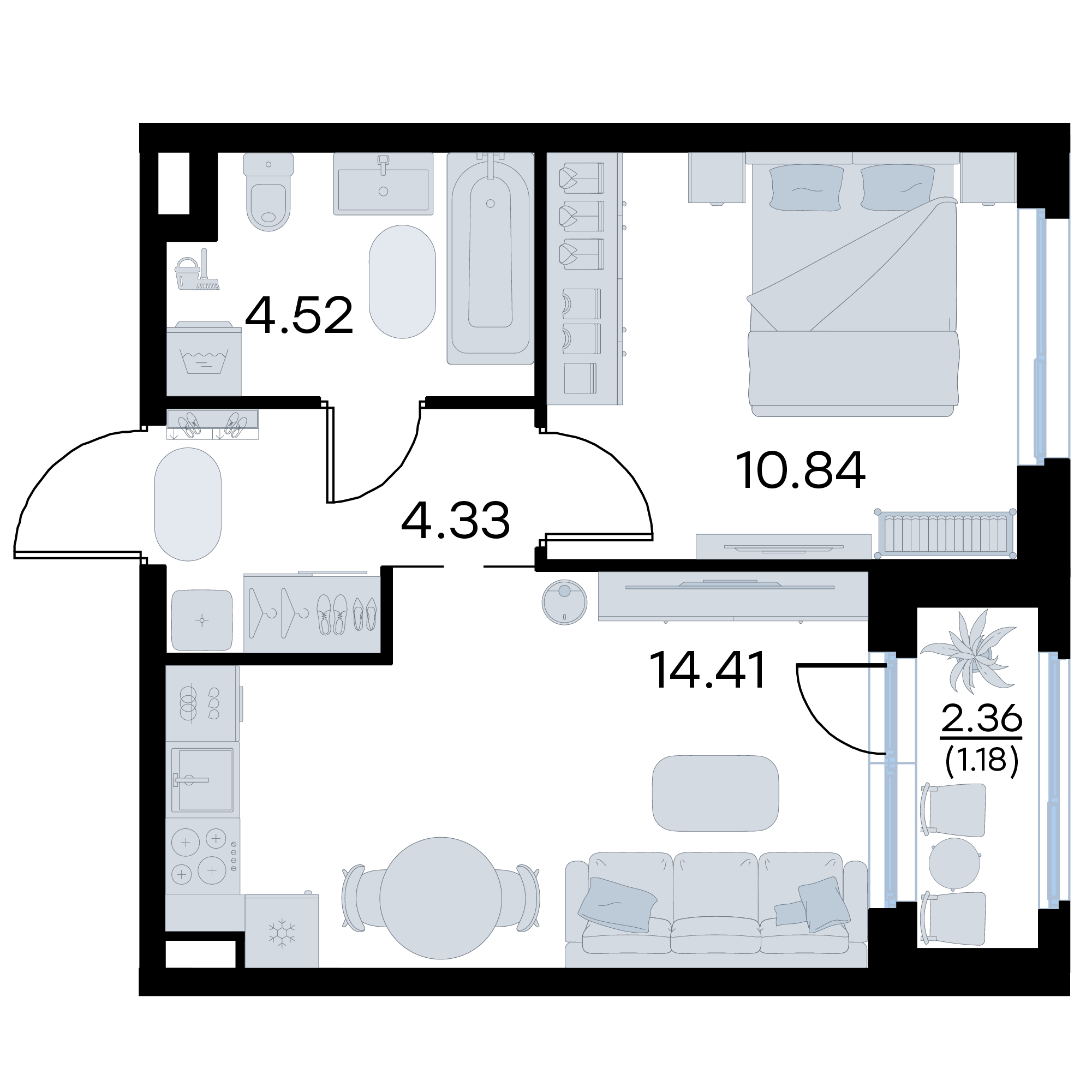 1-комнатная 35 м2 в ЖК GloraX Октябрьский корпус null этаж 2