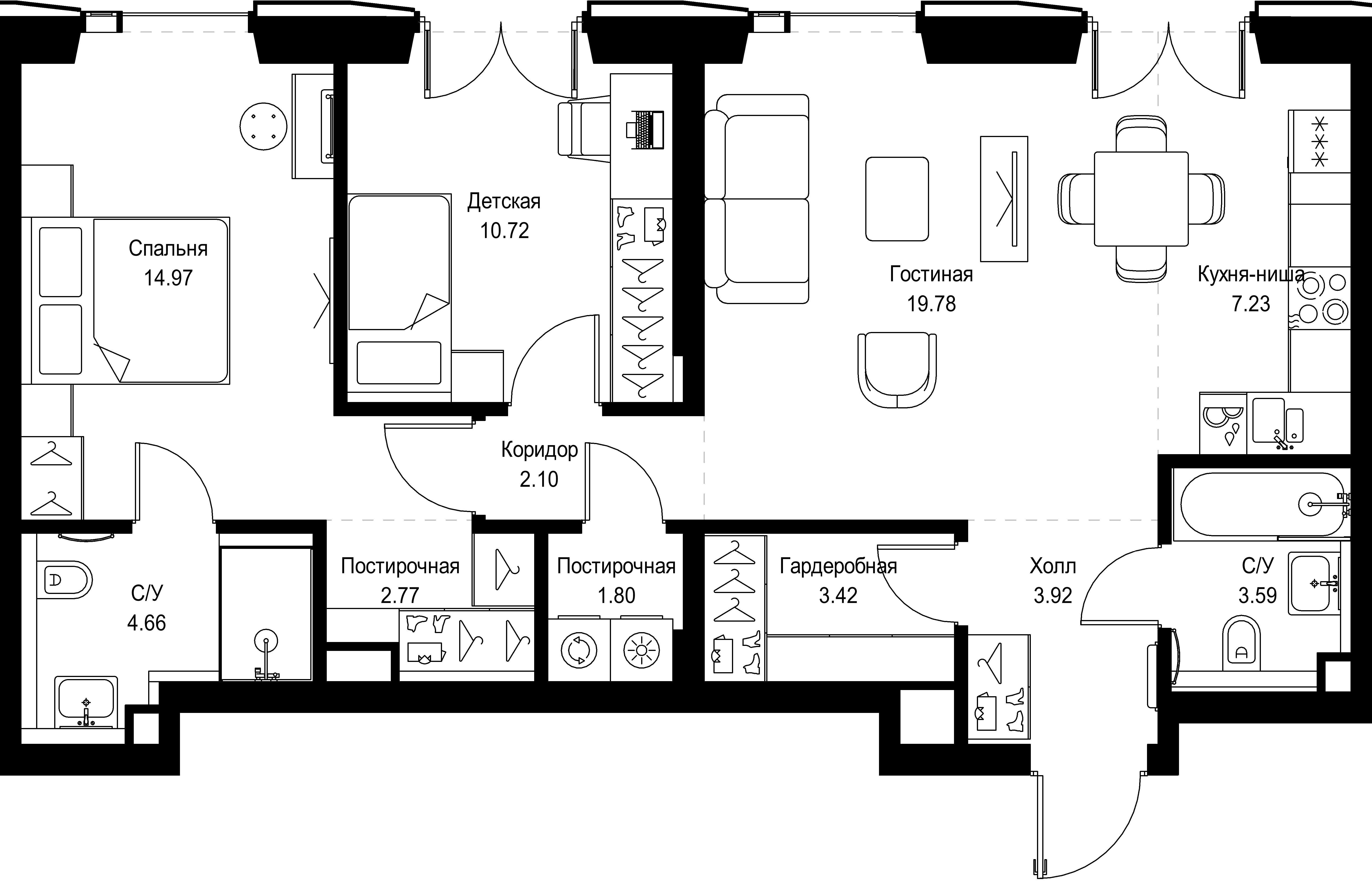 2-комнатная 74 м2 в ЖК СЕТ корпус null этаж 4