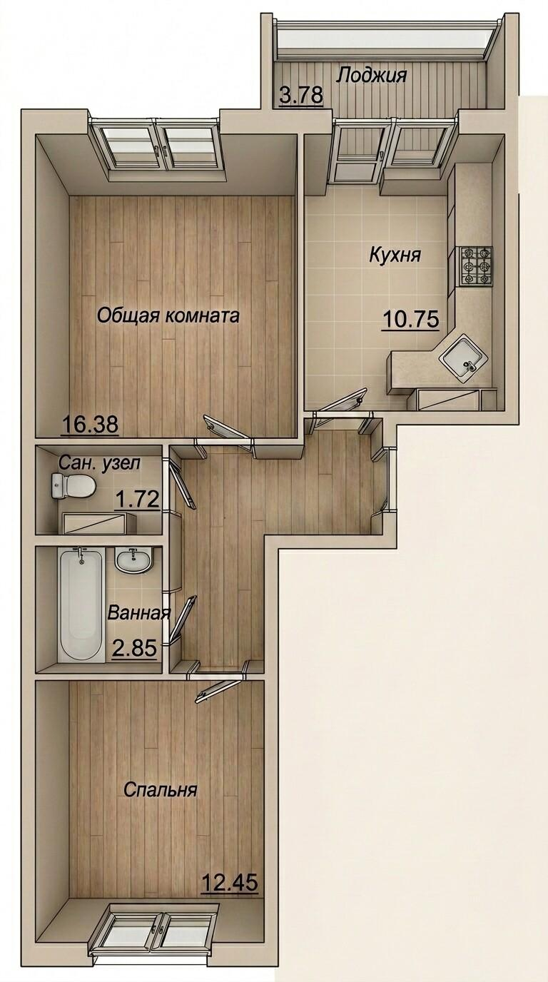 2-комнатная 51.3 м2 в ЖК undefined корпус null этаж 8