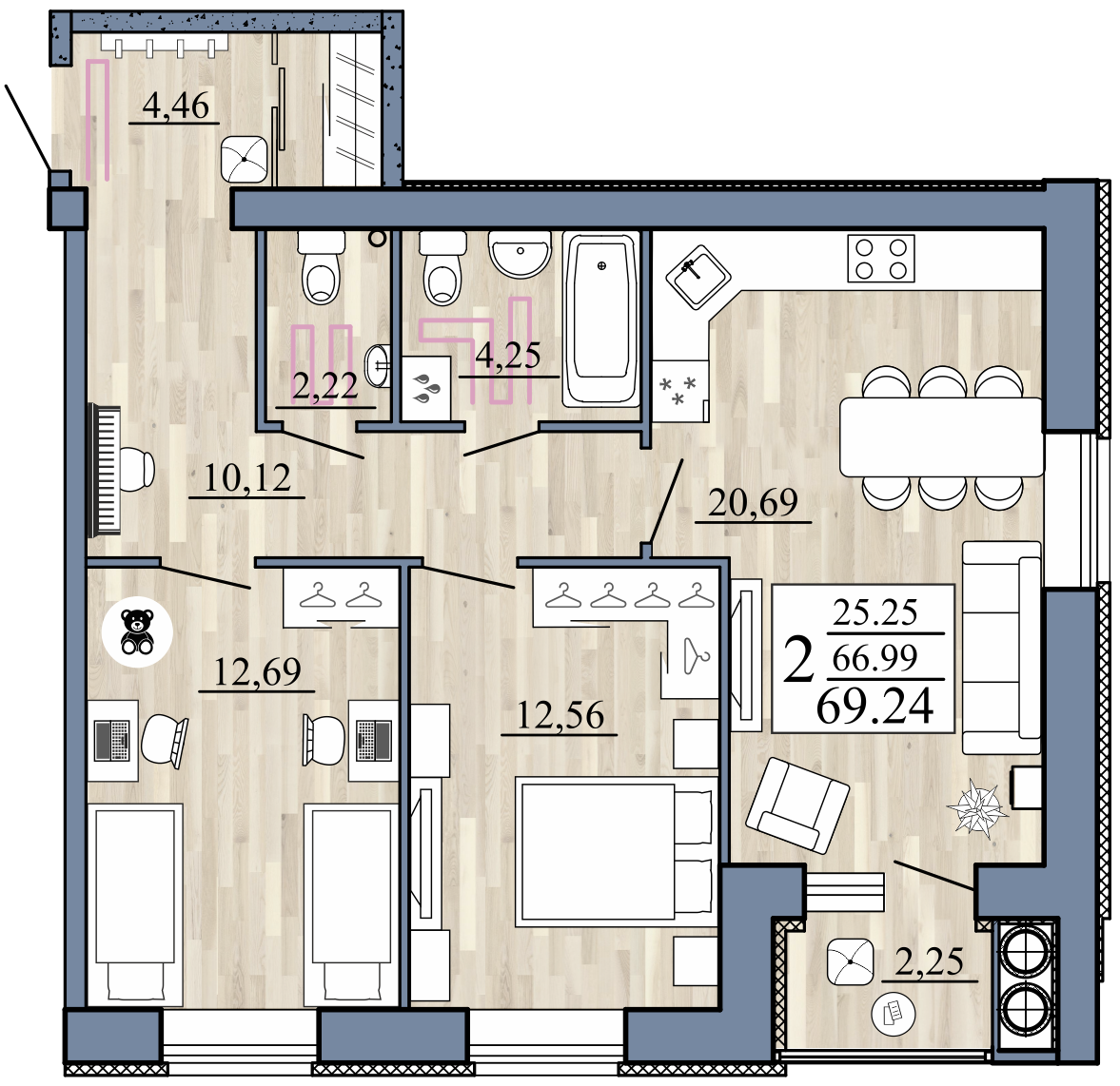 2-комнатная 69 м2 в ЖК Стрижи корпус null этаж 6