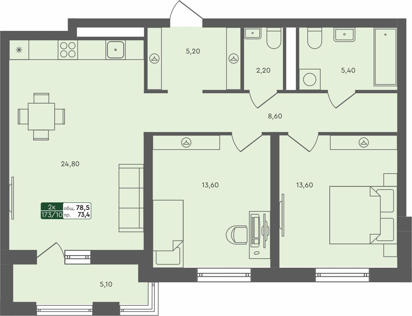 2-комнатная 78 м2 в ЖК Ритмы корпус null этаж 5