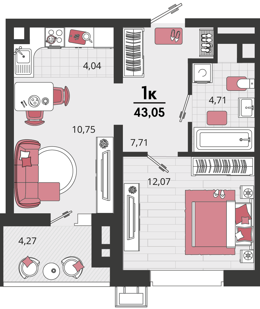 2-комнатная 43 м2 в ЖК Родные просторы корпус null этаж 2