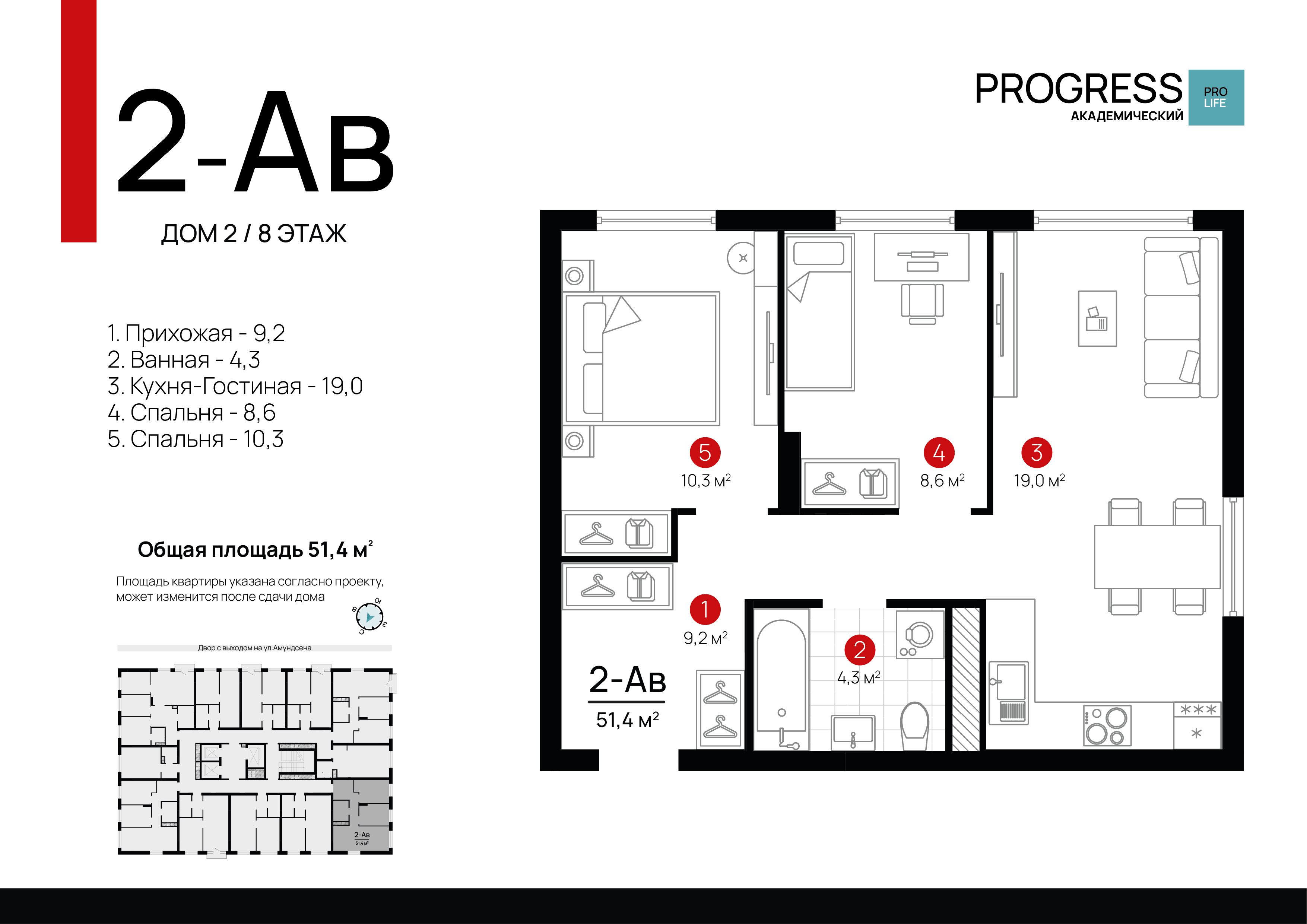 2-комнатная 51 м2 в ЖК Академический корпус null этаж 8