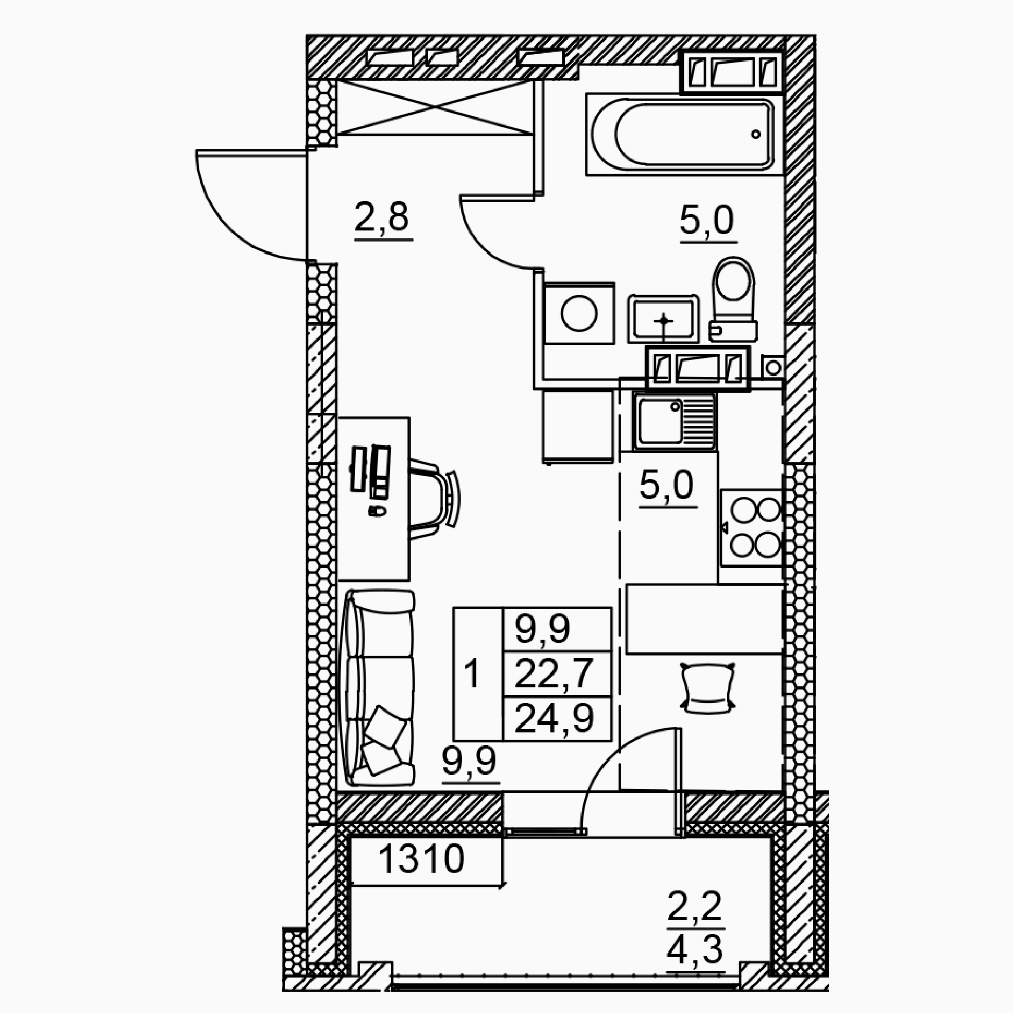 1-комнатная 24 м2 в ЖК Засекин корпус null этаж 10
