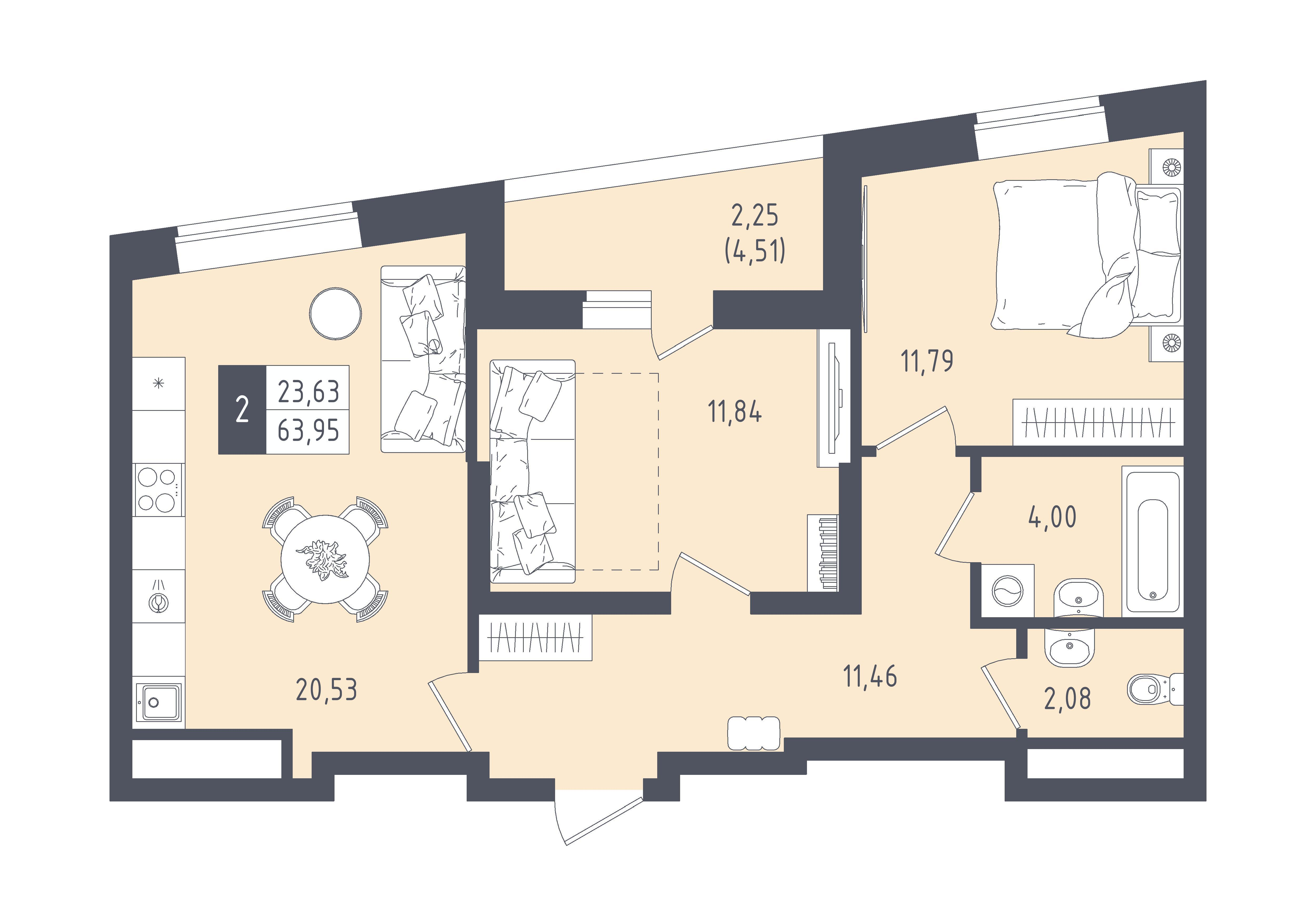 2-комнатная 63 м2 в ЖК Малевич корпус null этаж 15