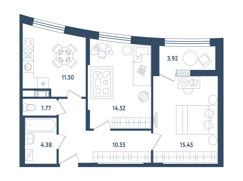 2-комнатная 60 м2 в ЖК Мир внутри корпус null этаж 1