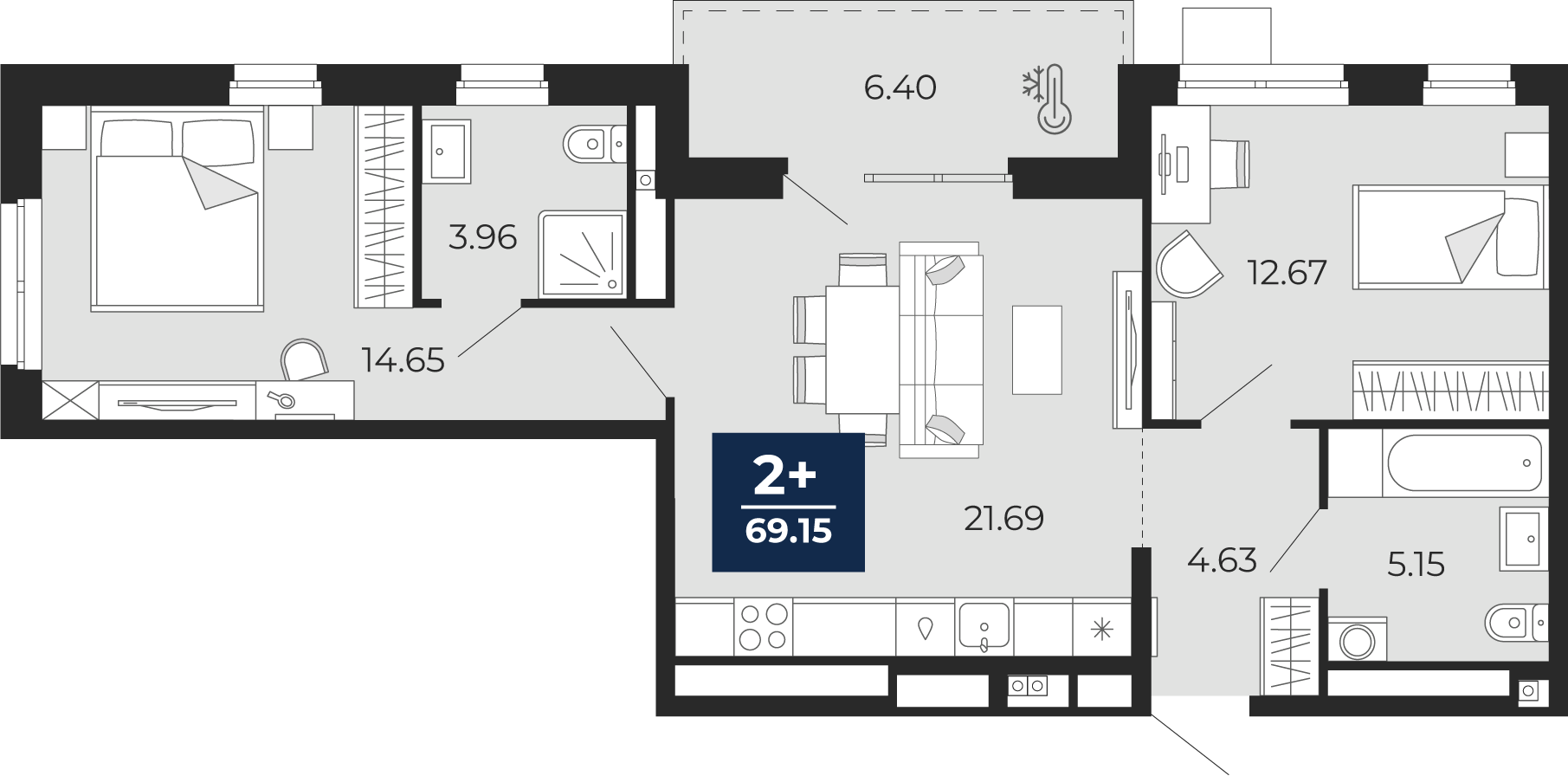 2-комнатная 62 м2 в ЖК Мириады корпус null этаж 12