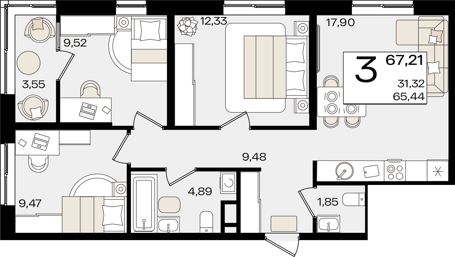 3-комнатная 67 м2 в ЖК Патрики корпус null этаж 2