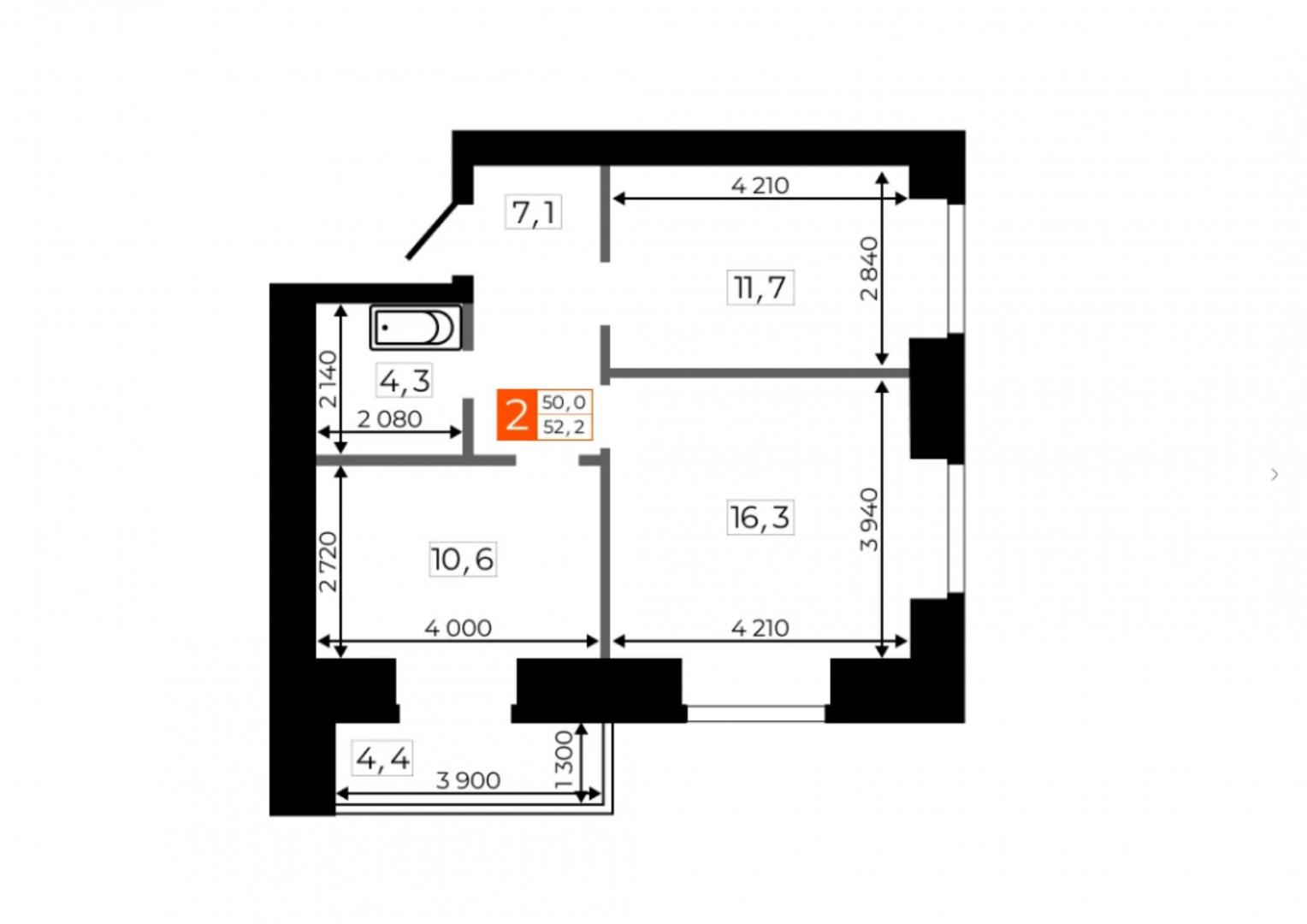 2-комнатная 52.3 м2 в ЖК undefined корпус null этаж 2