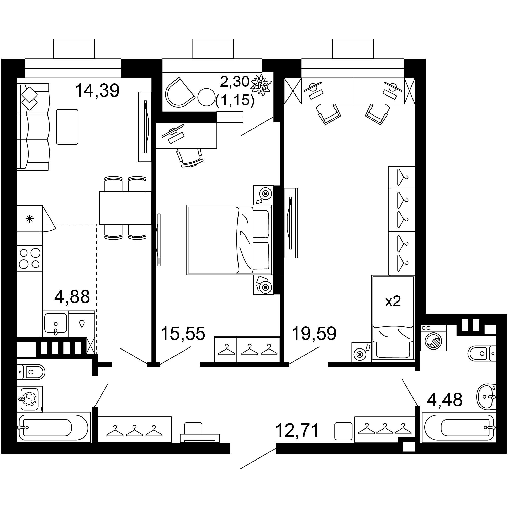 3-комнатная 76 м2 в ЖК 1799 корпус null этаж 2