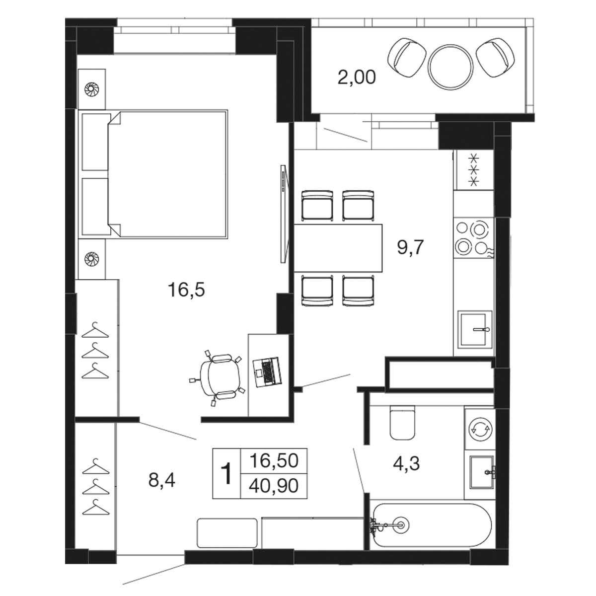1-комнатная 40 м2 в ЖК Времена года корпус null этаж 8