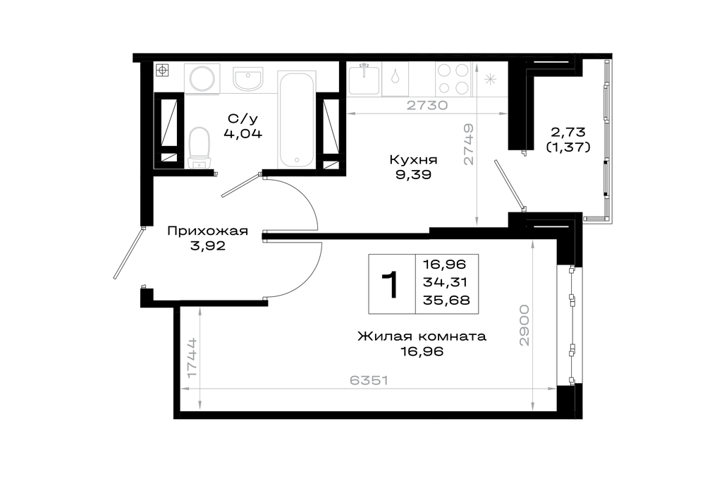 1-комнатная 35 м2 в ЖК Октябрь парк корпус null этаж 15