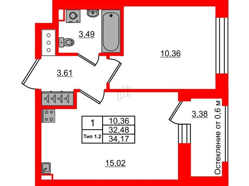 1-комнатная 32 м2 в ЖК Сэтл Ривьера корпус null этаж 7