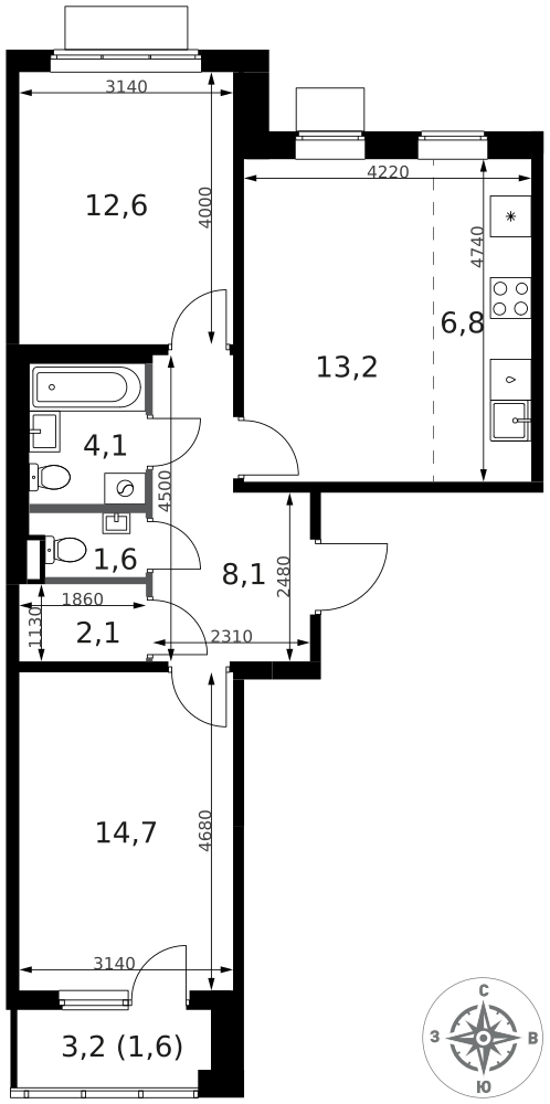 3-комнатная 64 м2 в ЖК 1-й Ясеневский корпус null этаж 5