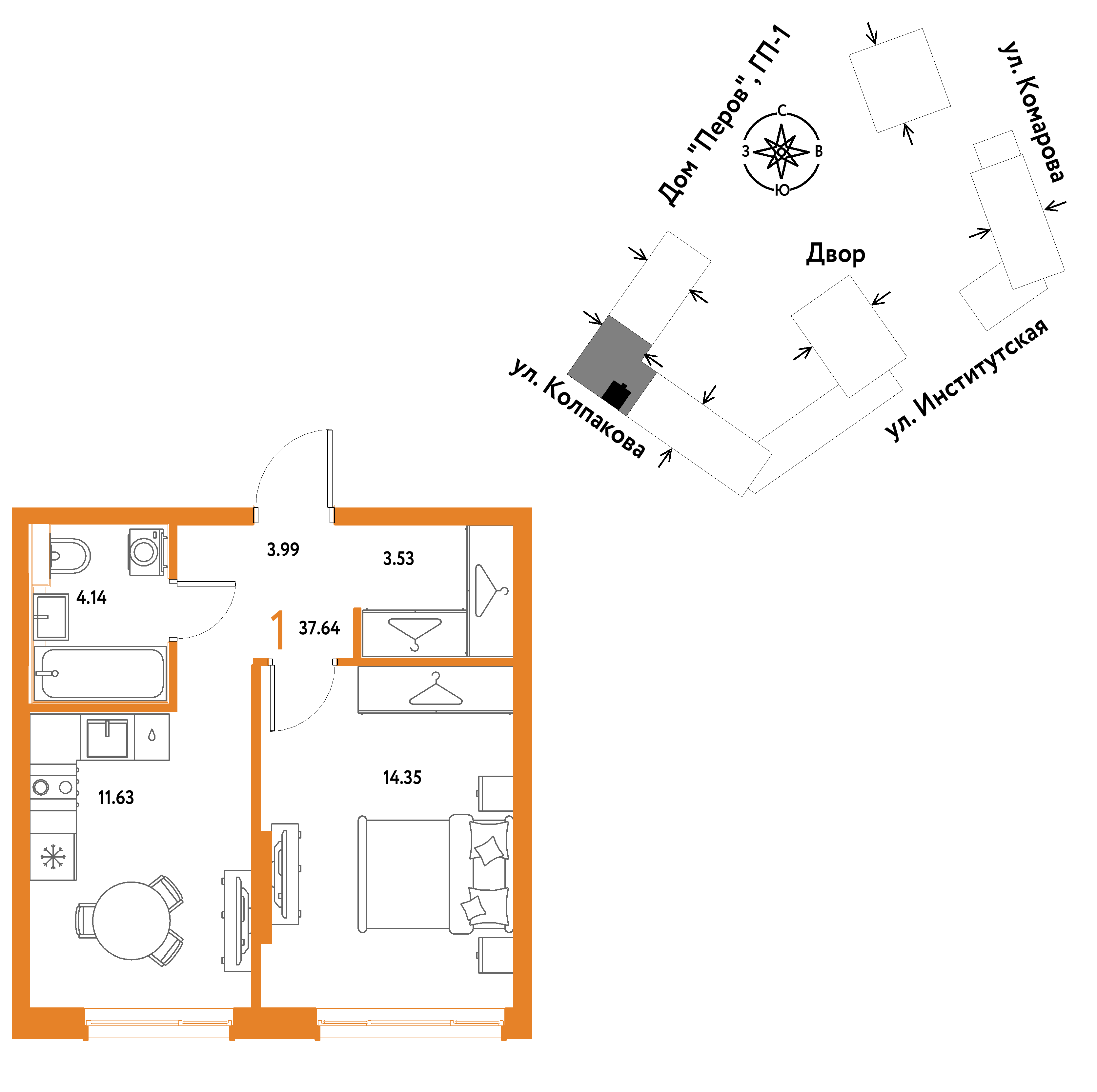 1-комнатная 37 м2 в ЖК Страна.Парковая корпус null этаж 12