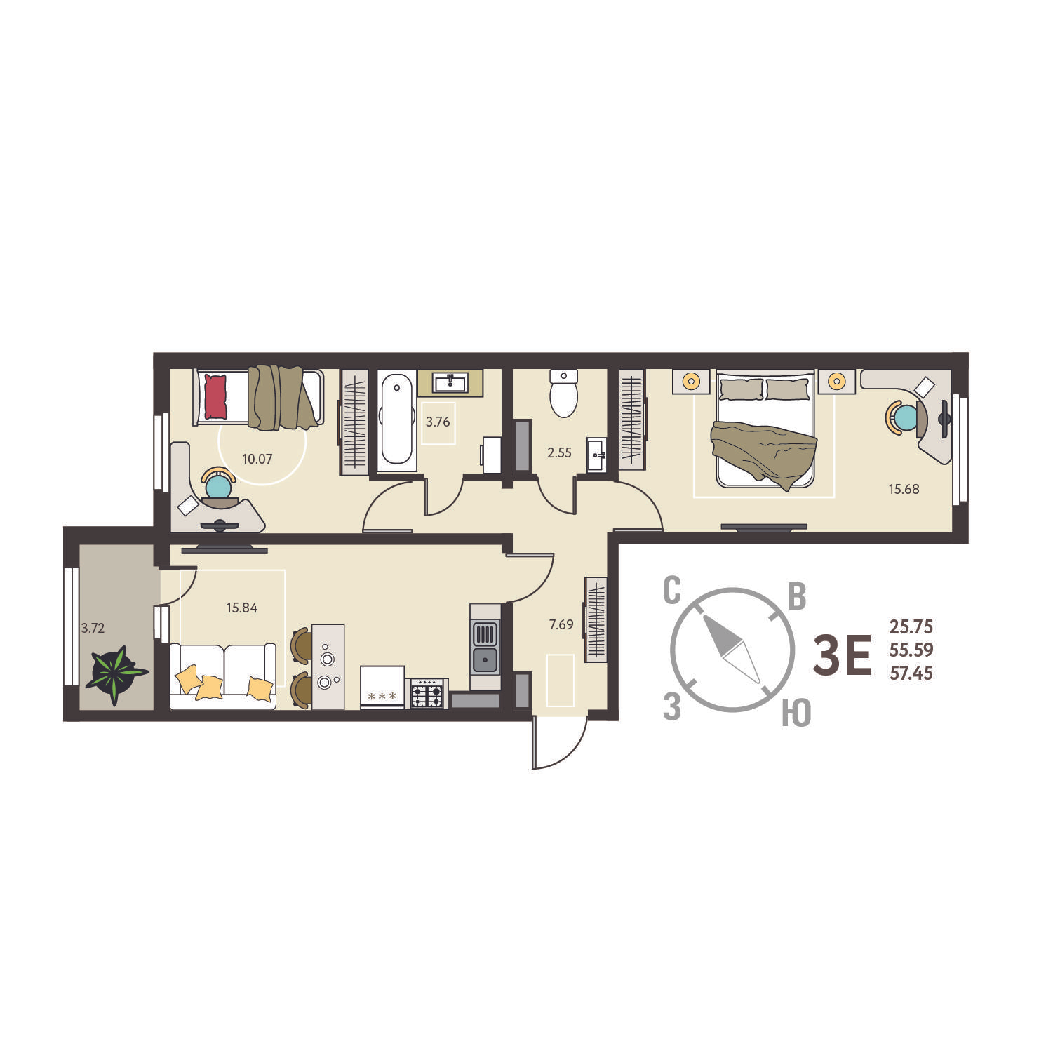 2-комнатная 57 м2 в ЖК Инстеп.Сити корпус null этаж 4