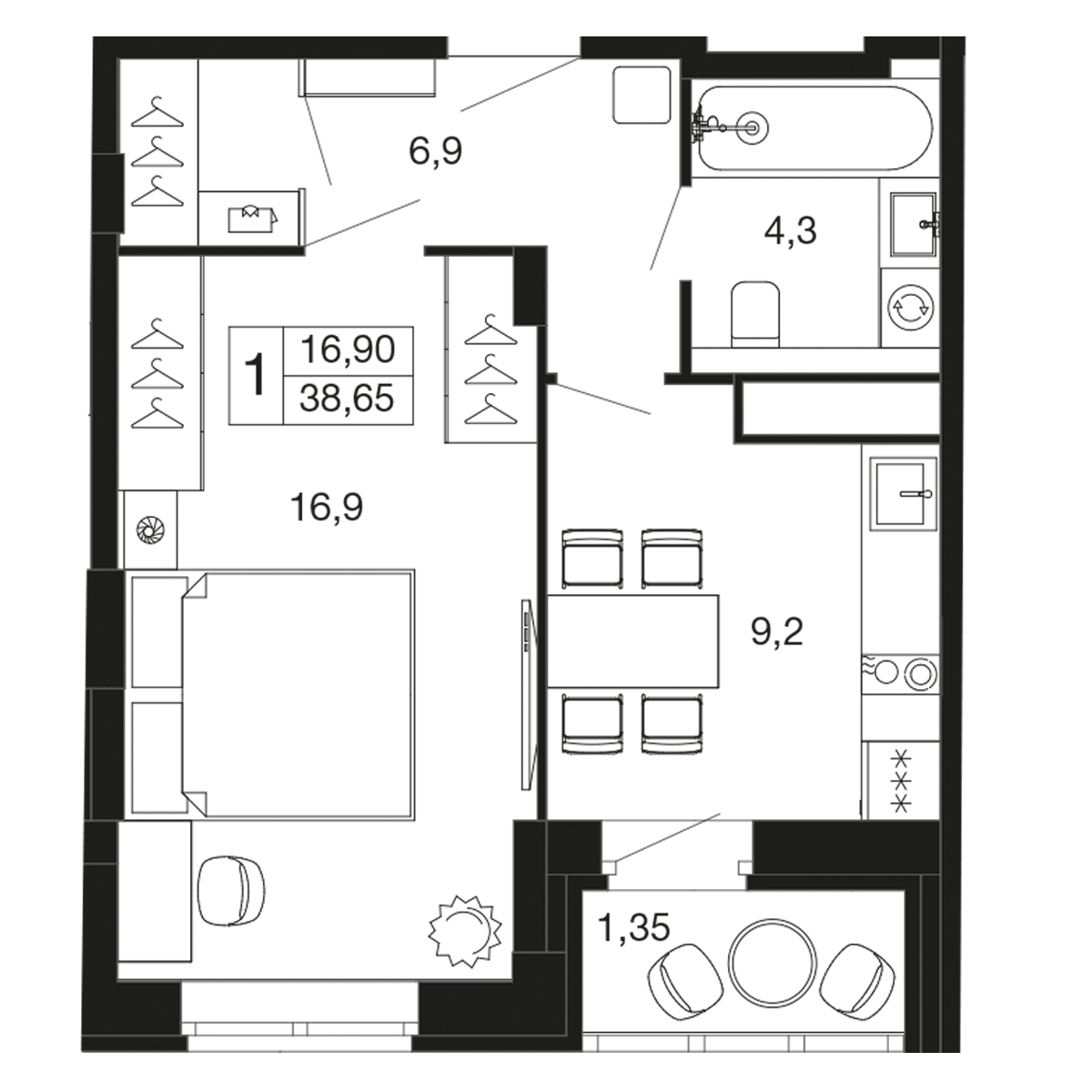 1-комнатная 38 м2 в ЖК Времена года корпус null этаж 9