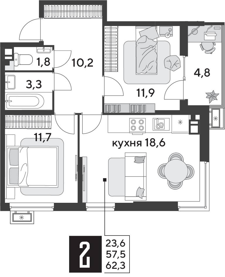 2-комнатная 62 м2 в ЖК Парк Победы 2 корпус null этаж 9