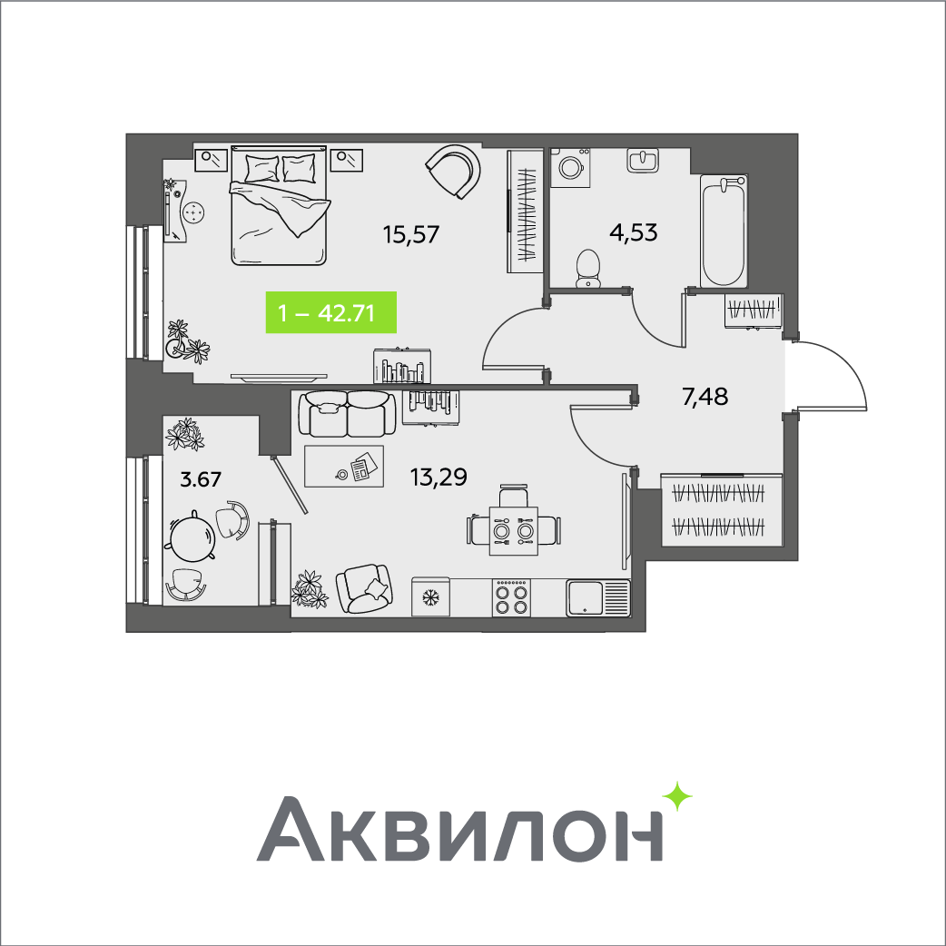 1-комнатная 42 м2 в ЖК Аквилон Shine корпус null этаж 5