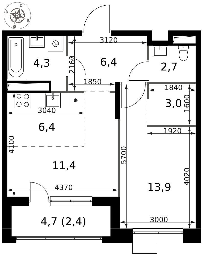 2-комнатная 50 м2 в ЖК 1-й Саларьевский корпус null этаж 20