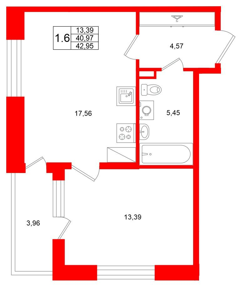 1-комнатная 40 м2 в ЖК Титул в Московском корпус null этаж 9