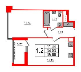 1-комнатная 34 м2 в ЖК Титул в Московском корпус null этаж 3