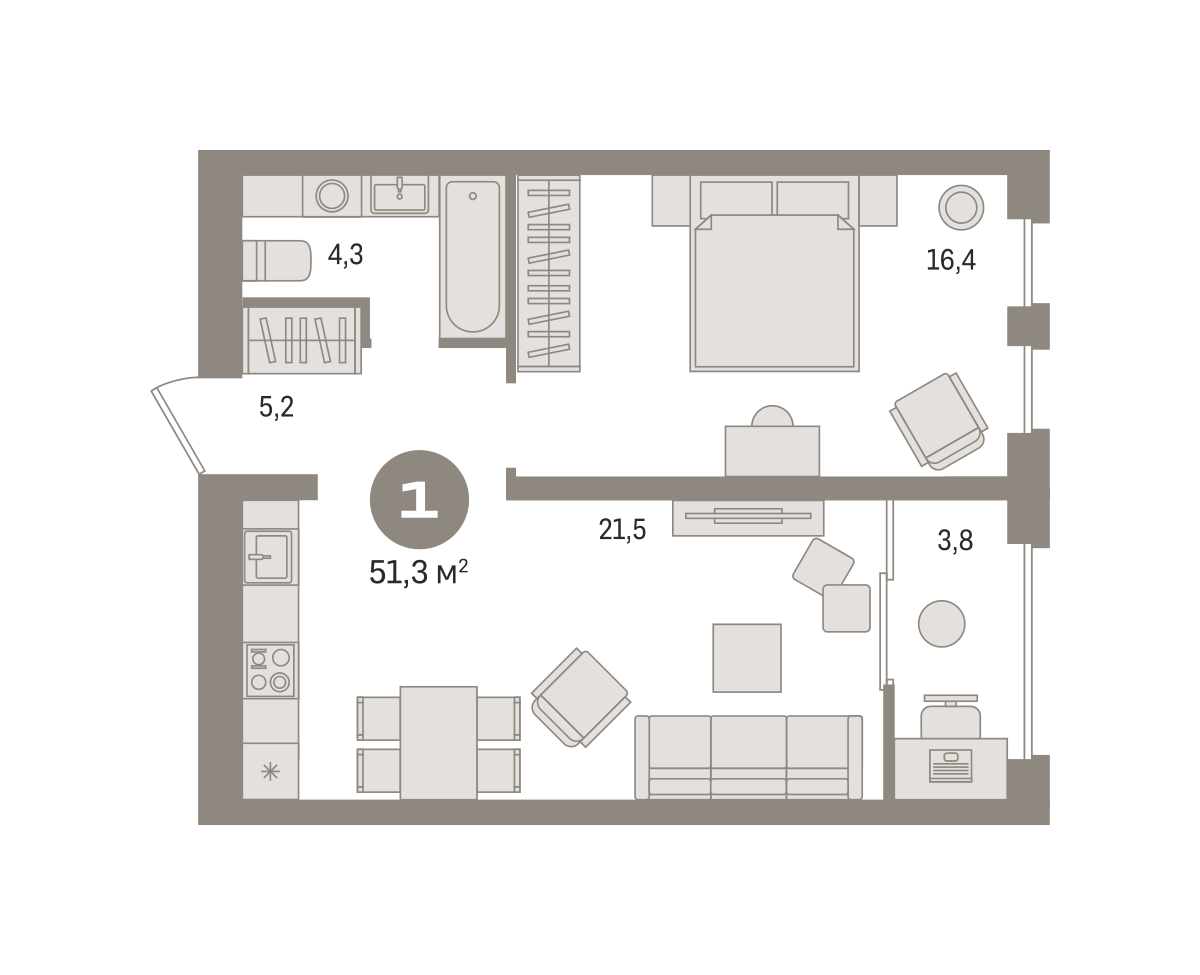 1-комнатная 51 м2 в ЖК Новин корпус null этаж 15