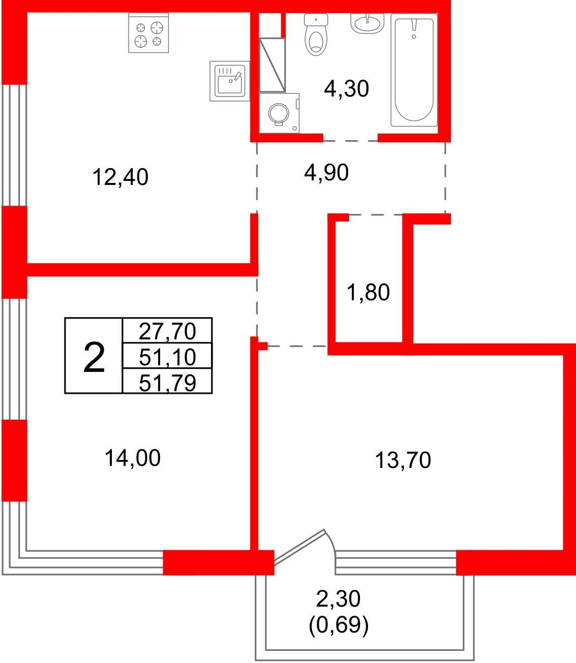 2-комнатная 51 м2 в ЖК PLUS Пулковский корпус null этаж 3