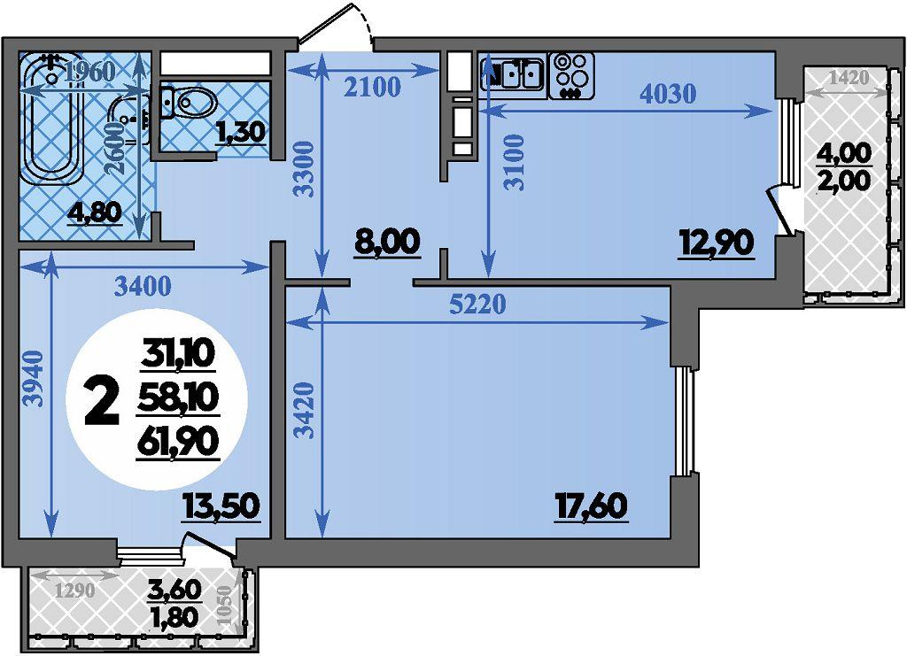 2-комнатная 61 м2 в ЖК Парк у дома корпус null этаж 12