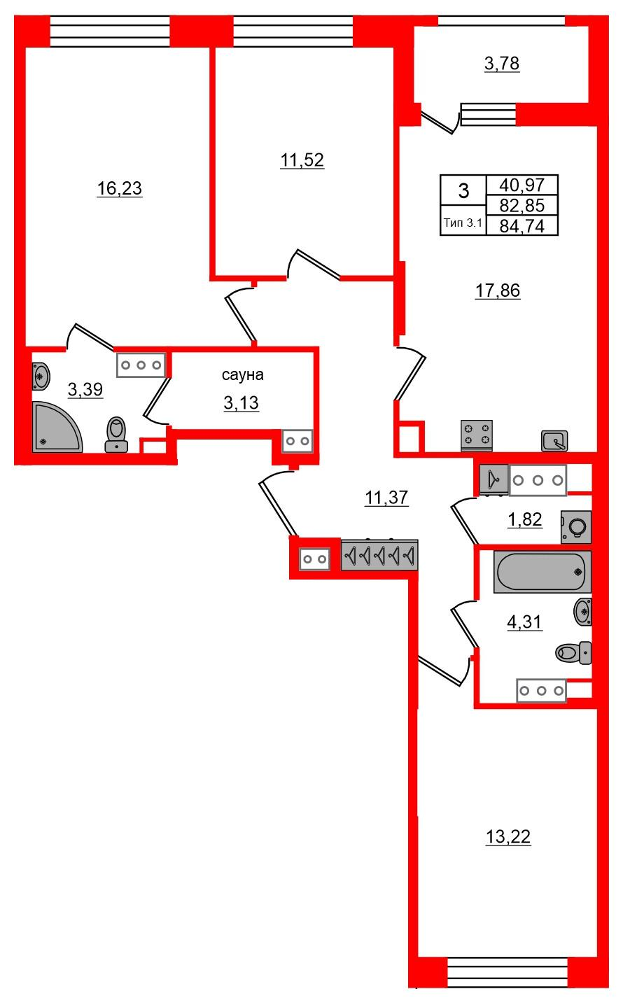 3-комнатная 82 м2 в ЖК Setl Ривьера корпус null этаж 3