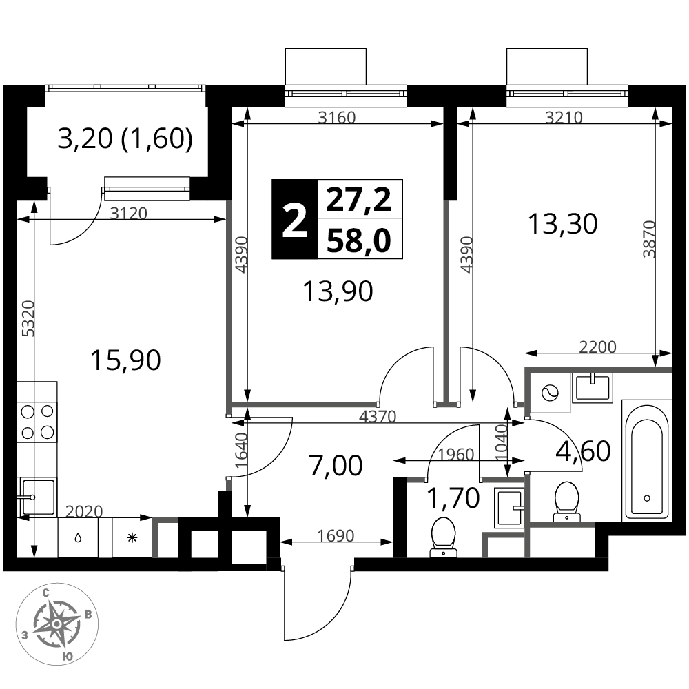 2-комнатная 58 м2 в ЖК 1-й Химкинский корпус null этаж 5