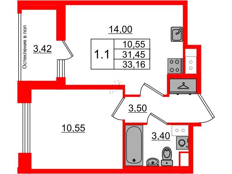 1-комнатная 31 м2 в ЖК Астра Континенталь корпус null этаж 11