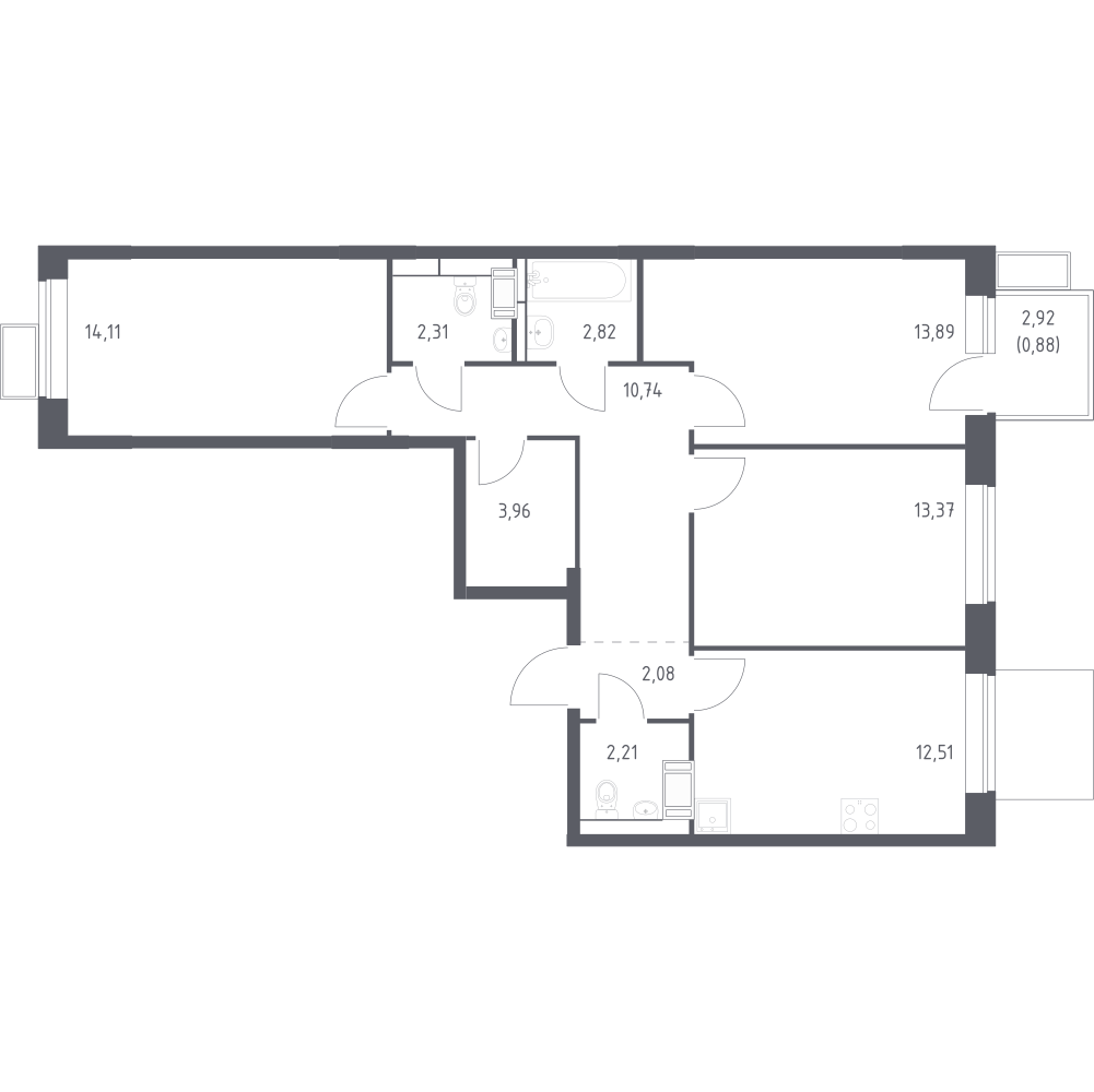 3-комнатная 77 м2 в ЖК Алхимово корпус null этаж 5