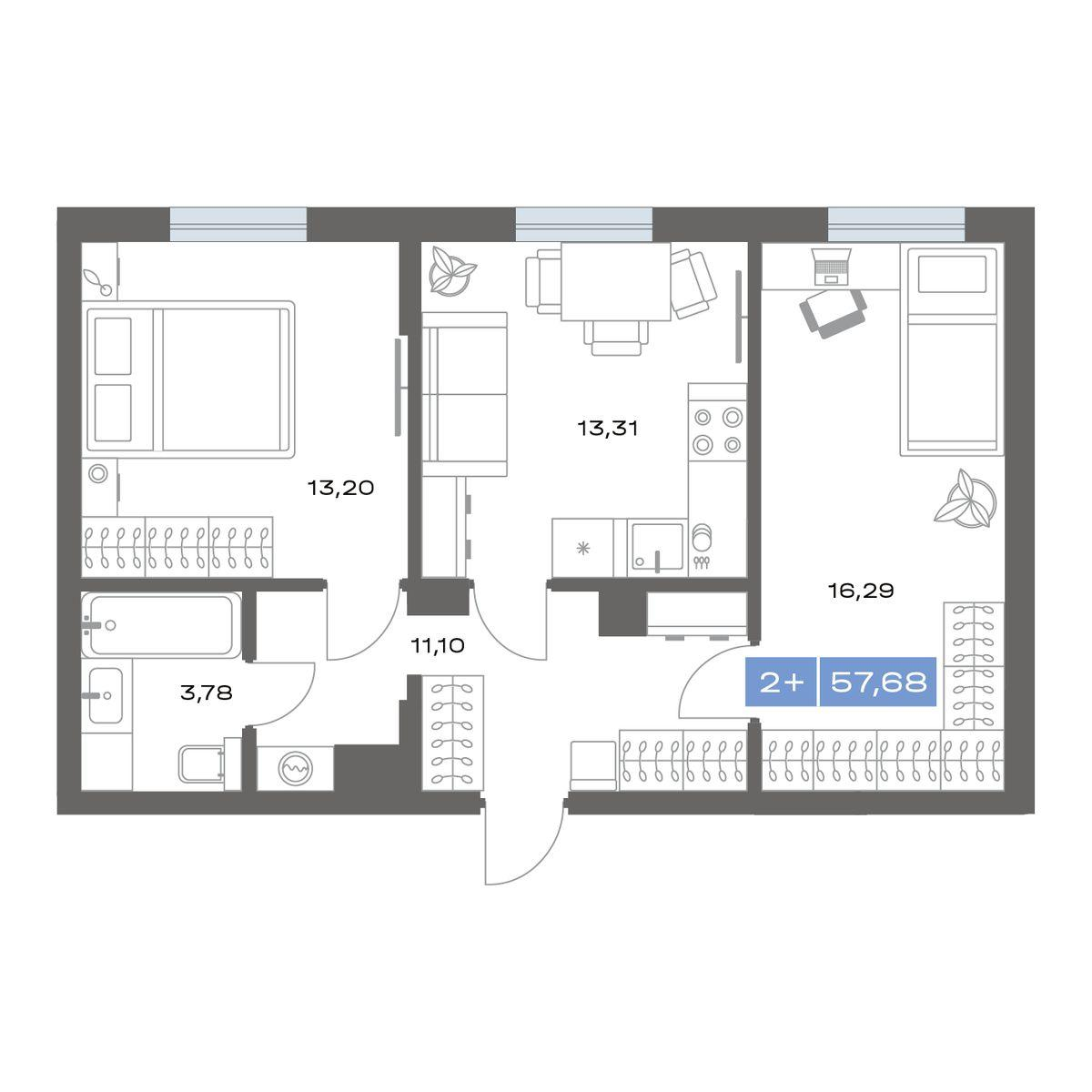 2-комнатная 57 м2 в ЖК Пятнашка корпус null этаж 1