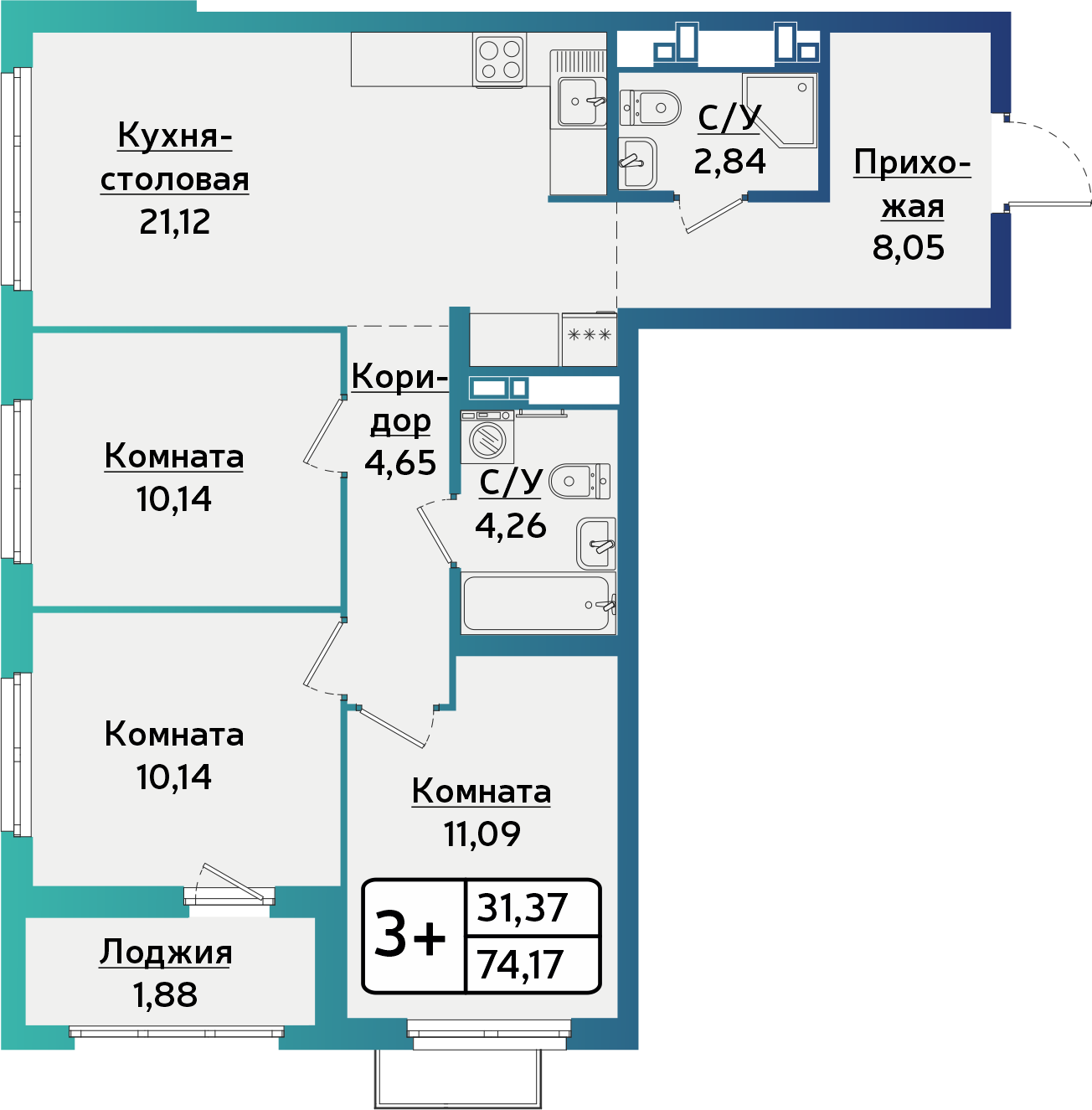 3-комнатная 74 м2 в ЖК БЕРША СИТИ корпус null этаж 3