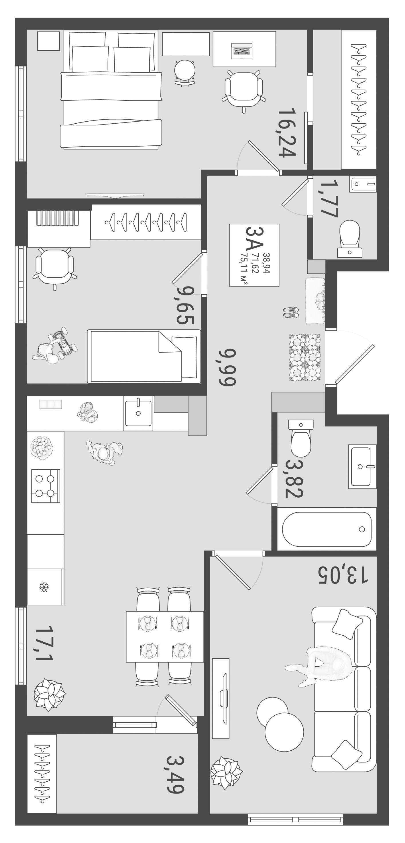 3-комнатная 73 м2 в ЖК Юго-Западный корпус null этаж 13