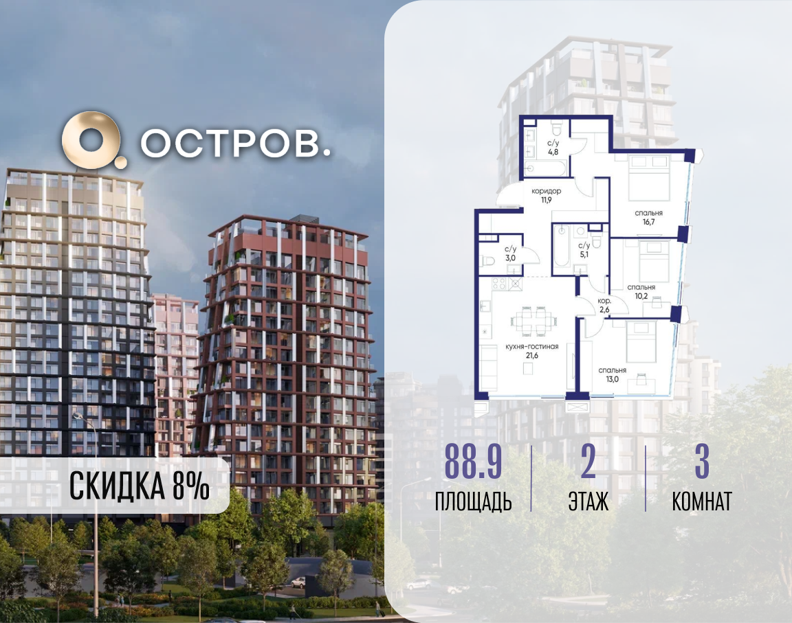 3-комнатная 88 м2 в ЖК Остров корпус null этаж 2