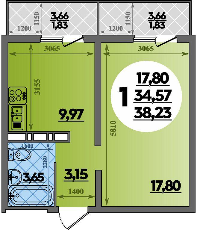 1-комнатная 38 м2 в ЖК Суворовский корпус null этаж 2