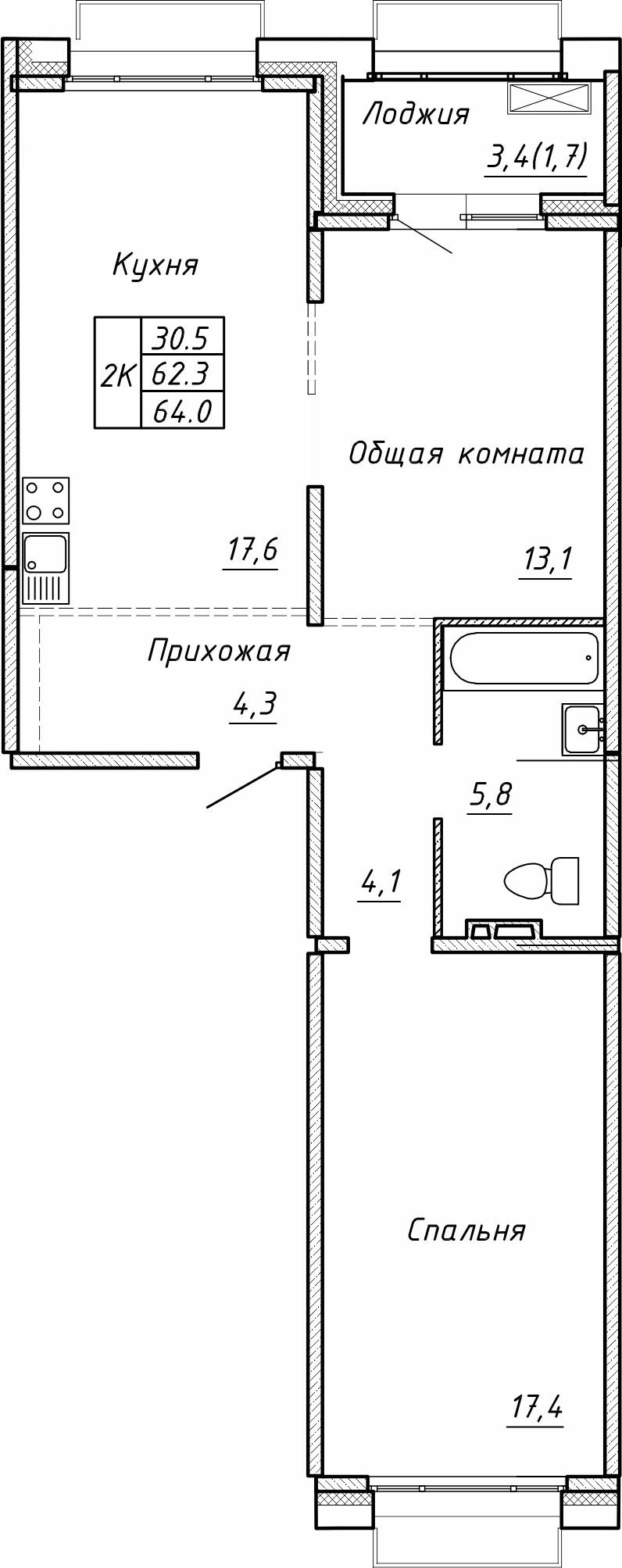 2-комнатная 64 м2 в ЖК Гренландия корпус null этаж 12