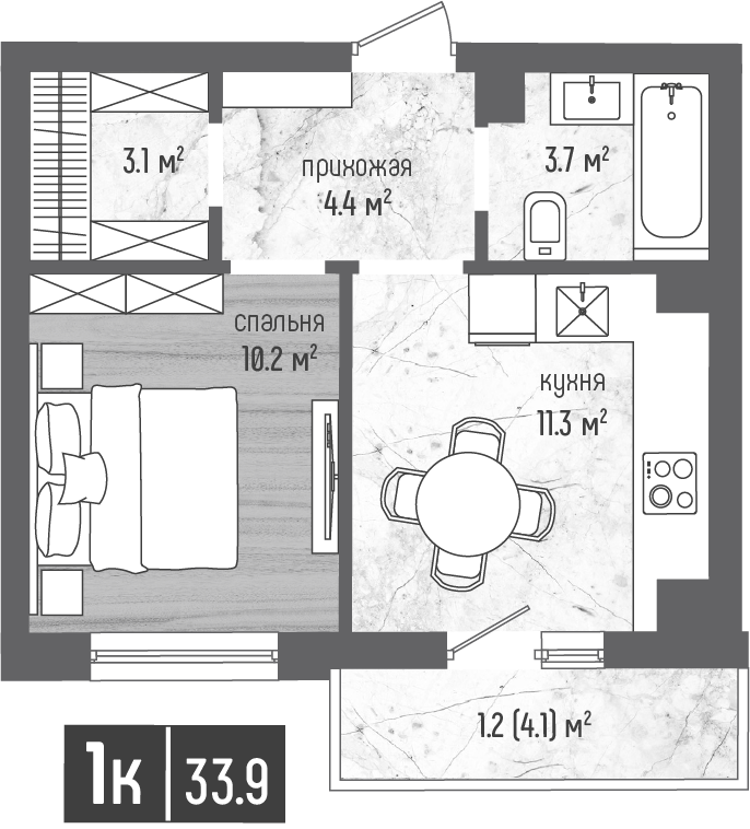1-комнатная 33 м2 в ЖК Морена корпус null этаж 4