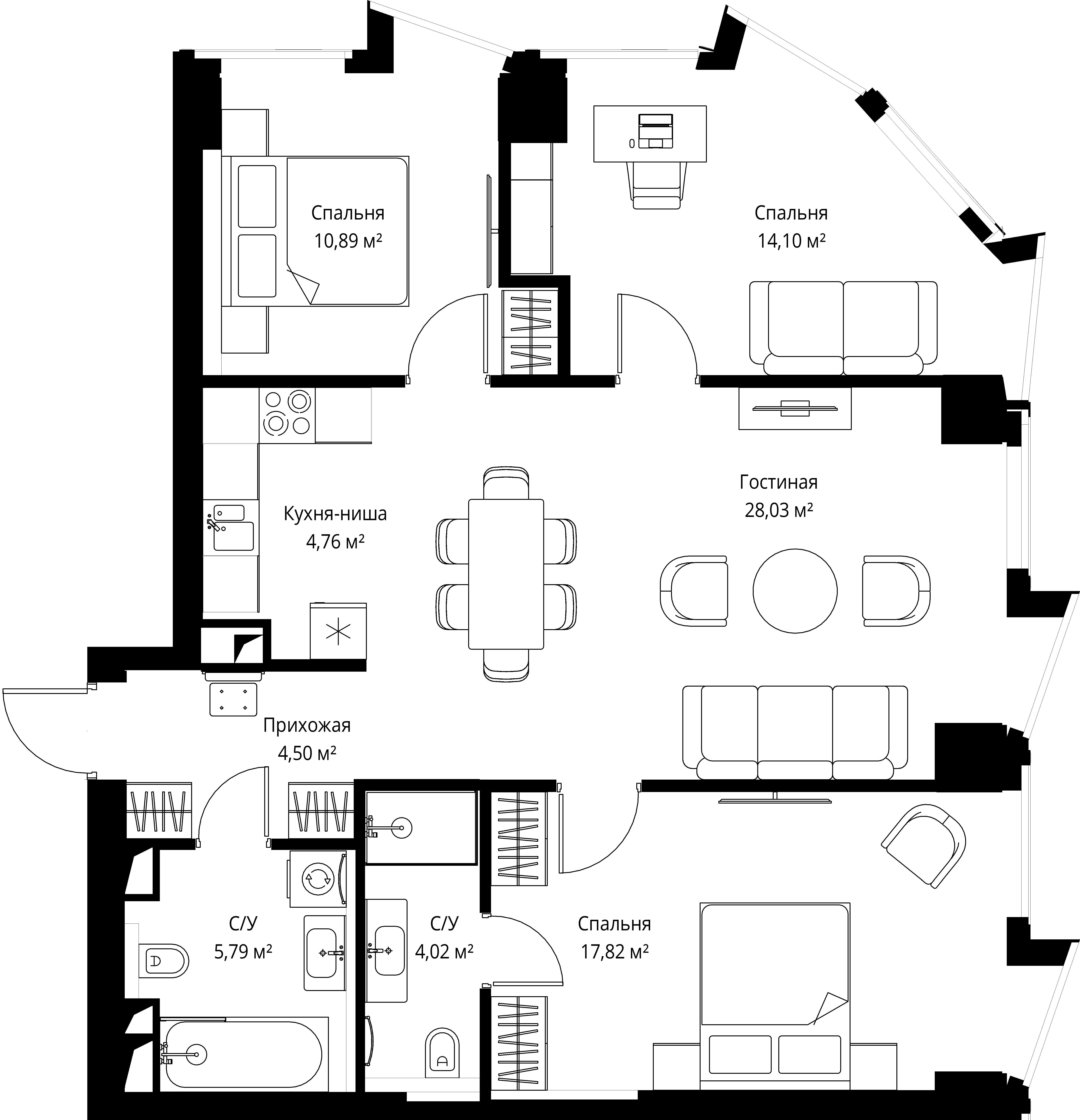 3-комнатная 89 м2 в ЖК Famous корпус null этаж 22