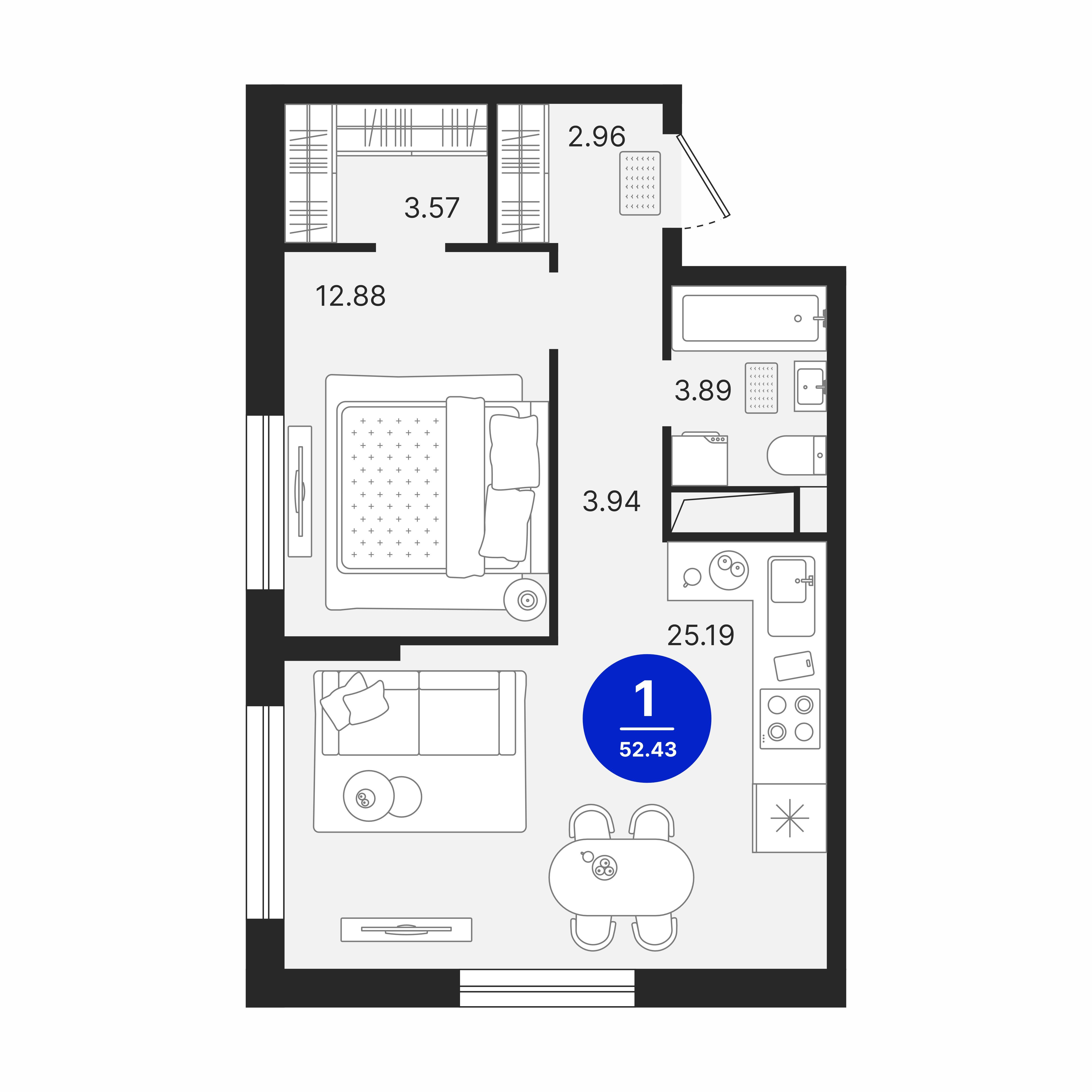 1-комнатная 52 м2 в ЖК Северное Сияние корпус null этаж 12