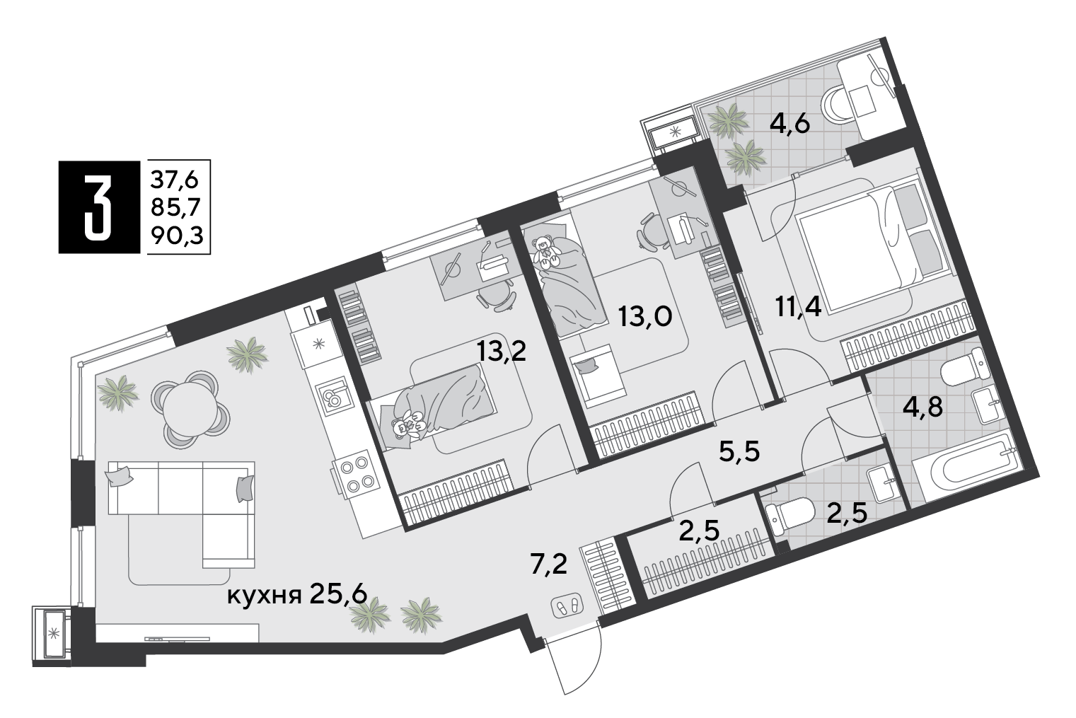3-комнатная 92 м2 в ЖК Парк Победы 2 корпус null этаж 2