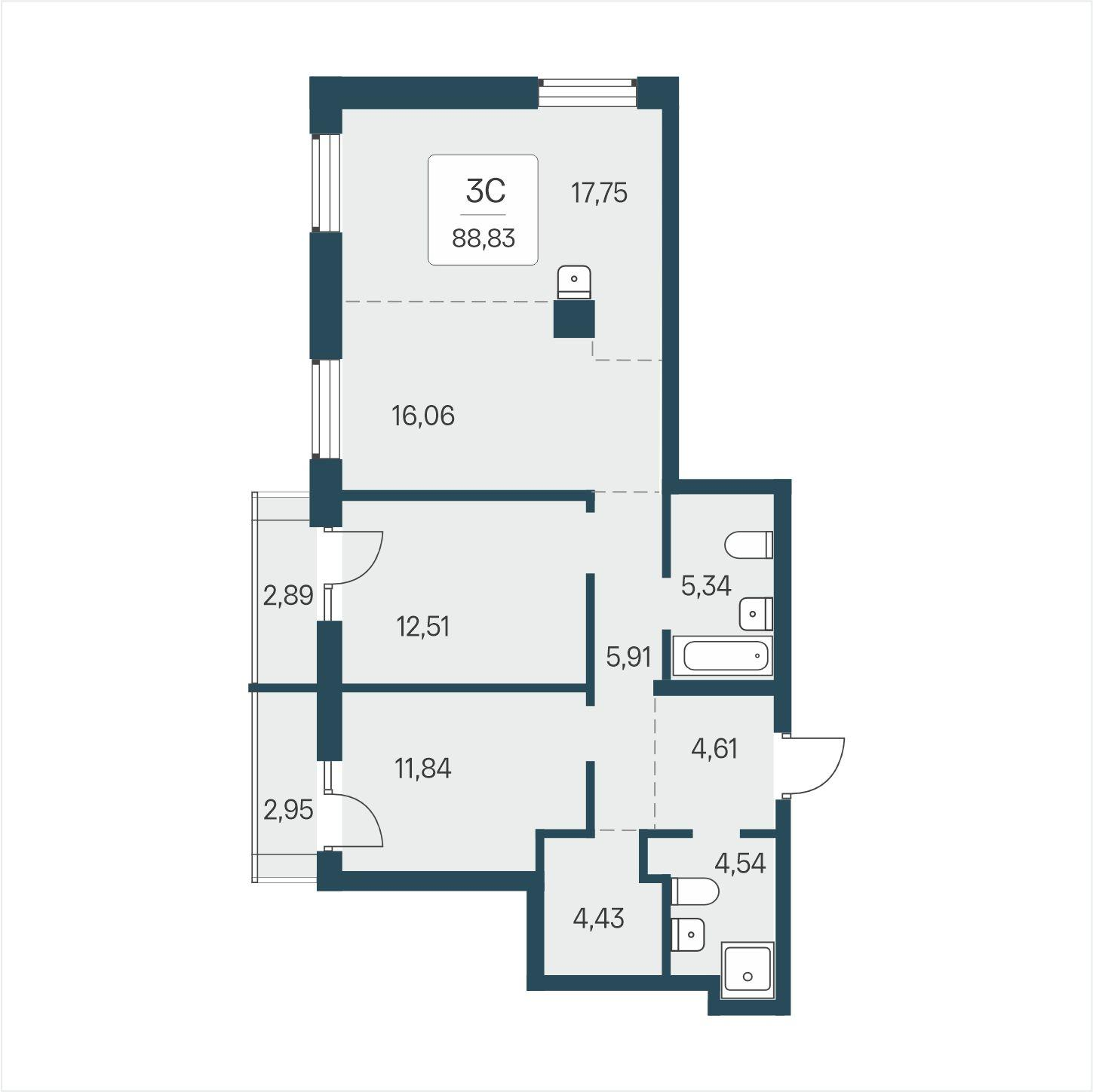 3-комнатная 88 м2 в ЖК Расцветай в Солнечном корпус null этаж 2