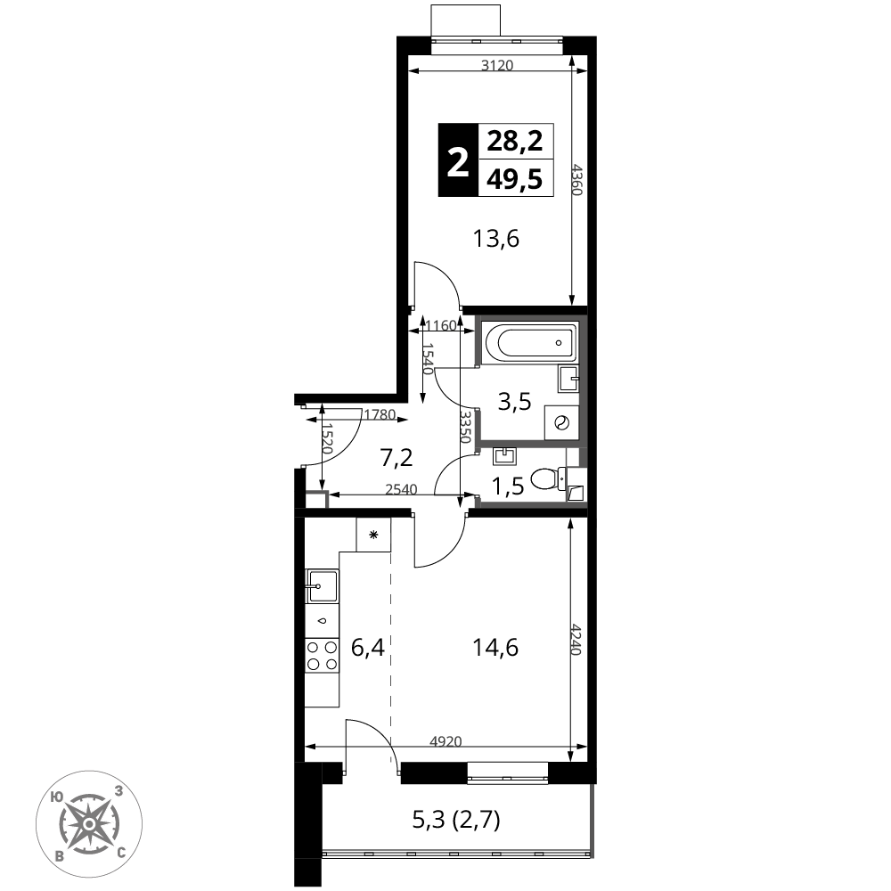 2-комнатная 49 м2 в ЖК 1-й Шереметьевский корпус null этаж 3