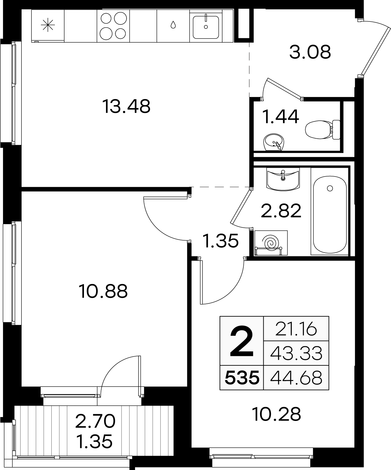 2-комнатная 44 м2 в ЖК Glorax Новинки корпус null этаж 4