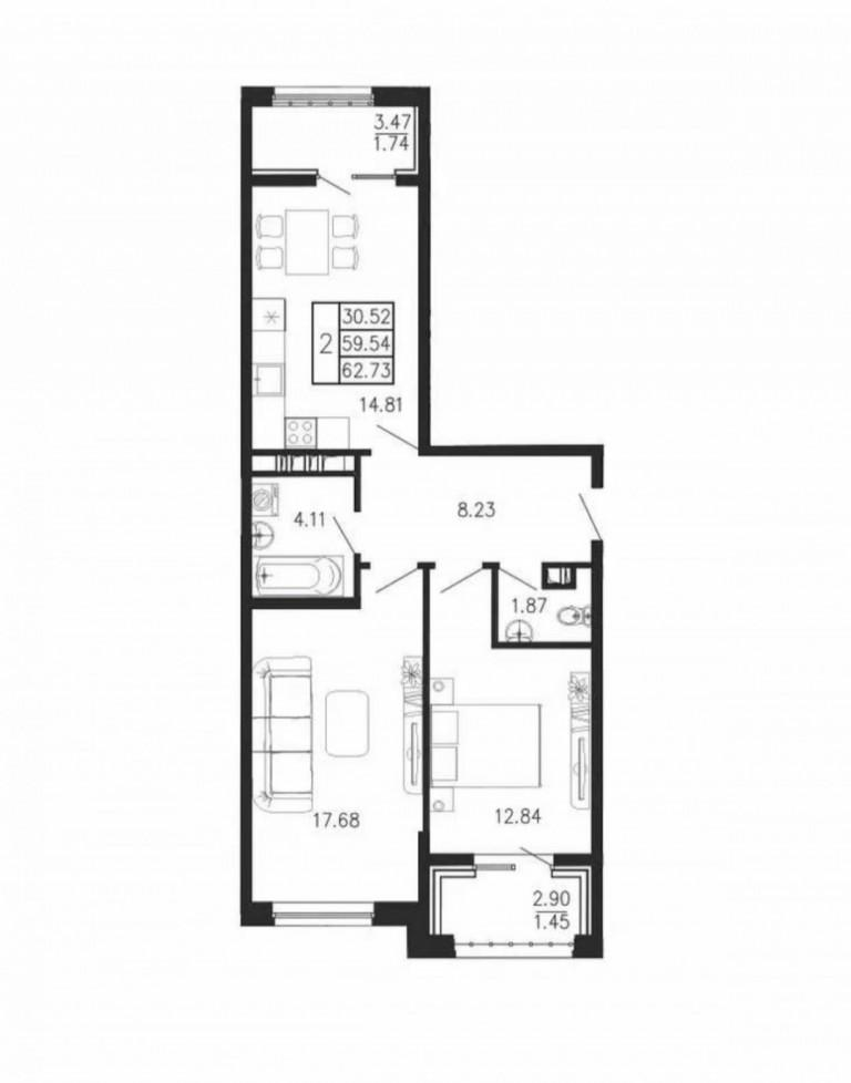 2-комнатная 62.7 м2 в ЖК undefined корпус null этаж 6