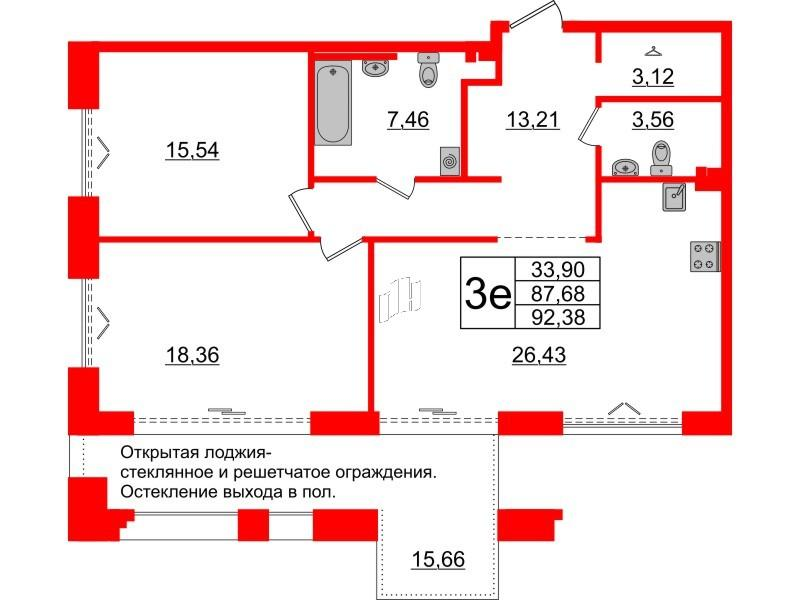 2-комнатная 88 м2 в ЖК Империал Клаб корпус null этаж 3