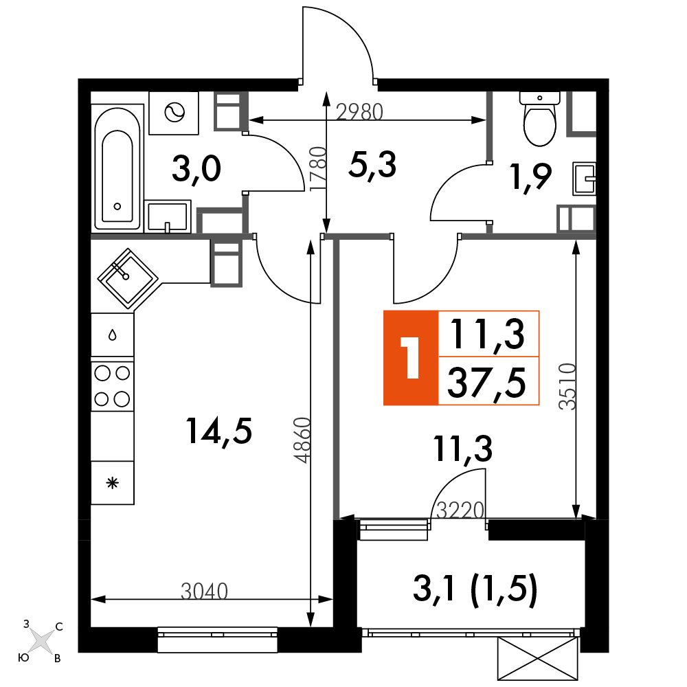 1-комнатная 37 м2 в ЖК Олимп корпус null этаж 7